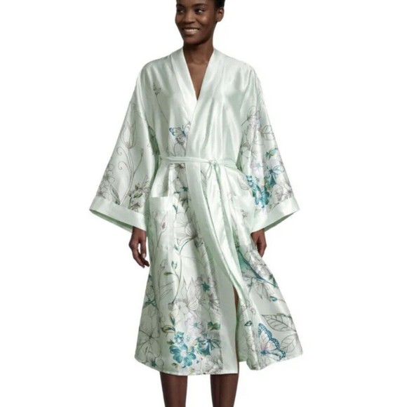 WORLD MARKET Aqua Botanical & Butterfly Satin Kimono Robe/Cover Up/belt OSFM - Picture 1 of 10